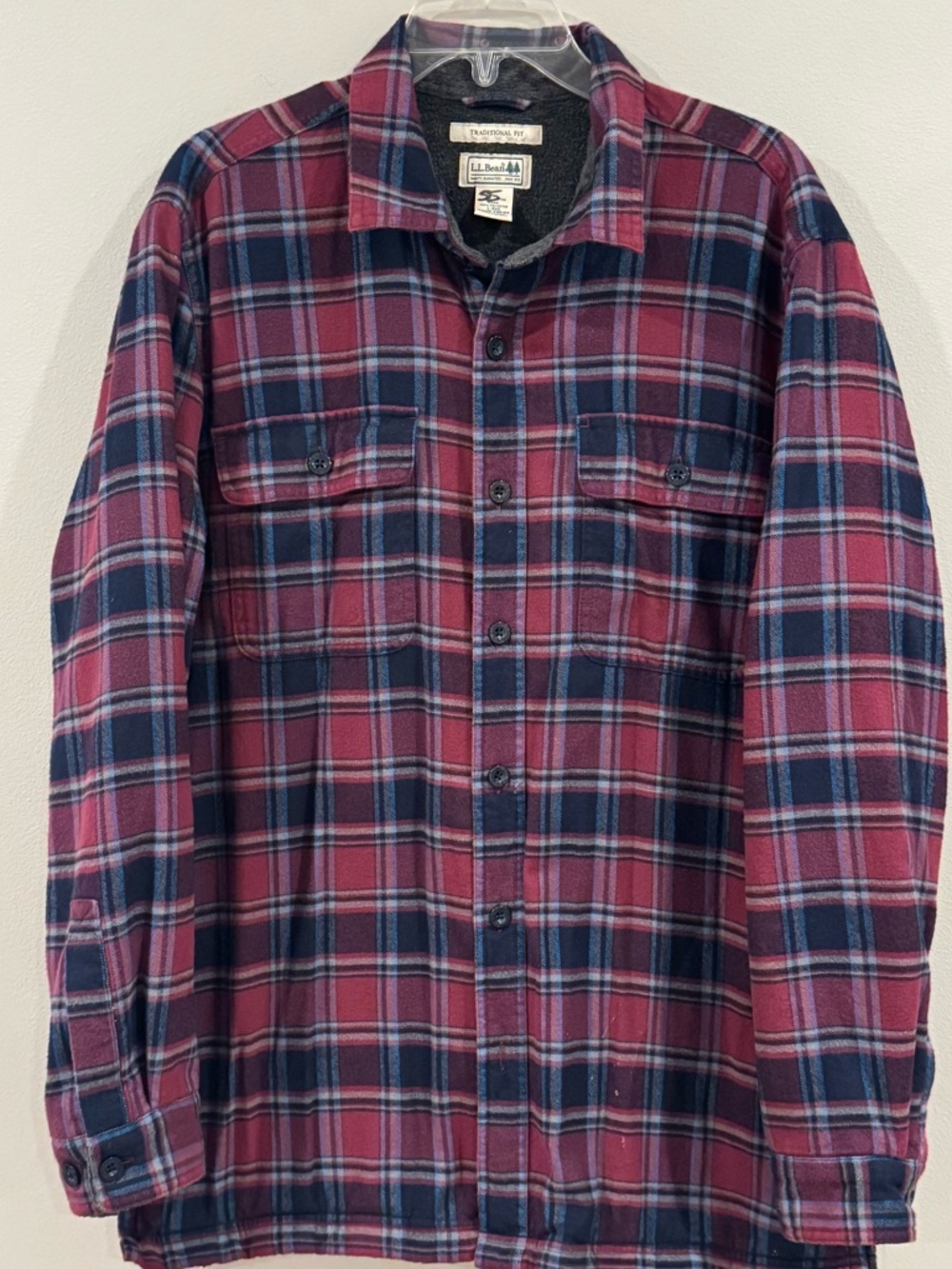 LL Bean Jacket Mens Large Red Blue Plaid Fleece Lined Flannel Shacket